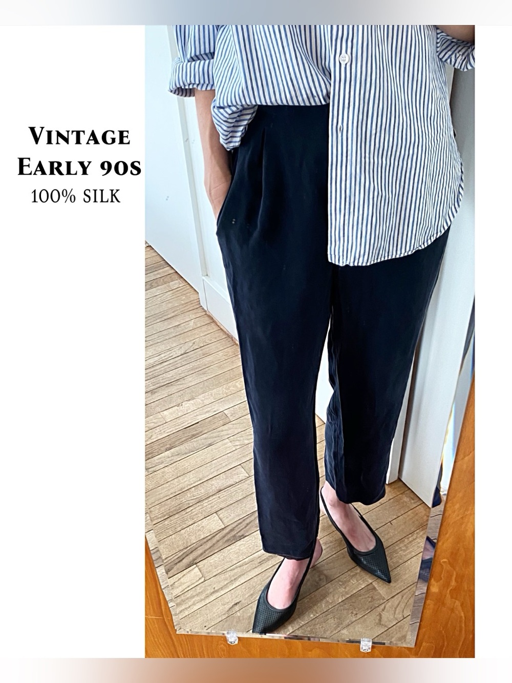 Vintage Early 90s Calvin Klein Collection 100% Silk Pleated Trousers | Navy | XS
